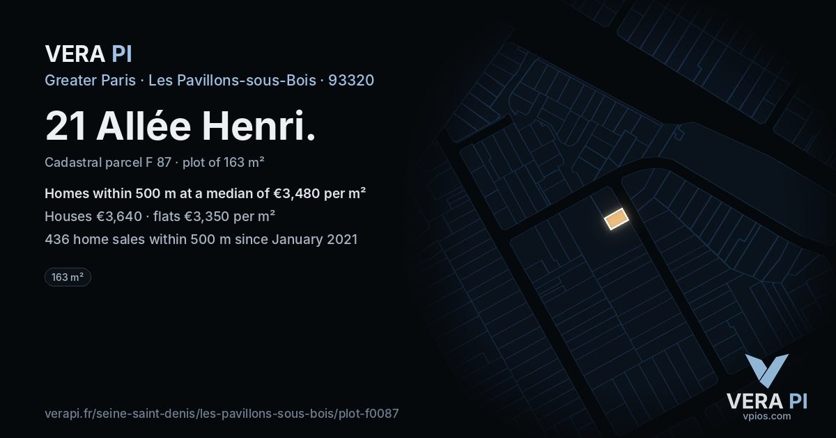 21 Allée Henri, Les Pavillons-sous-Bois at night – the plot lit, the parcels around coloured by the prices near them