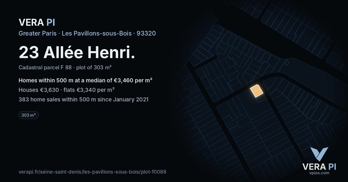 23 Allée Henri, Les Pavillons-sous-Bois at night – the plot lit, the parcels around coloured by the prices near them