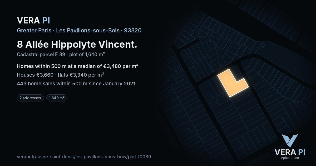 8 Allée Hippolyte Vincent, Les Pavillons-sous-Bois at night – the plot lit, the parcels around coloured by the prices near them