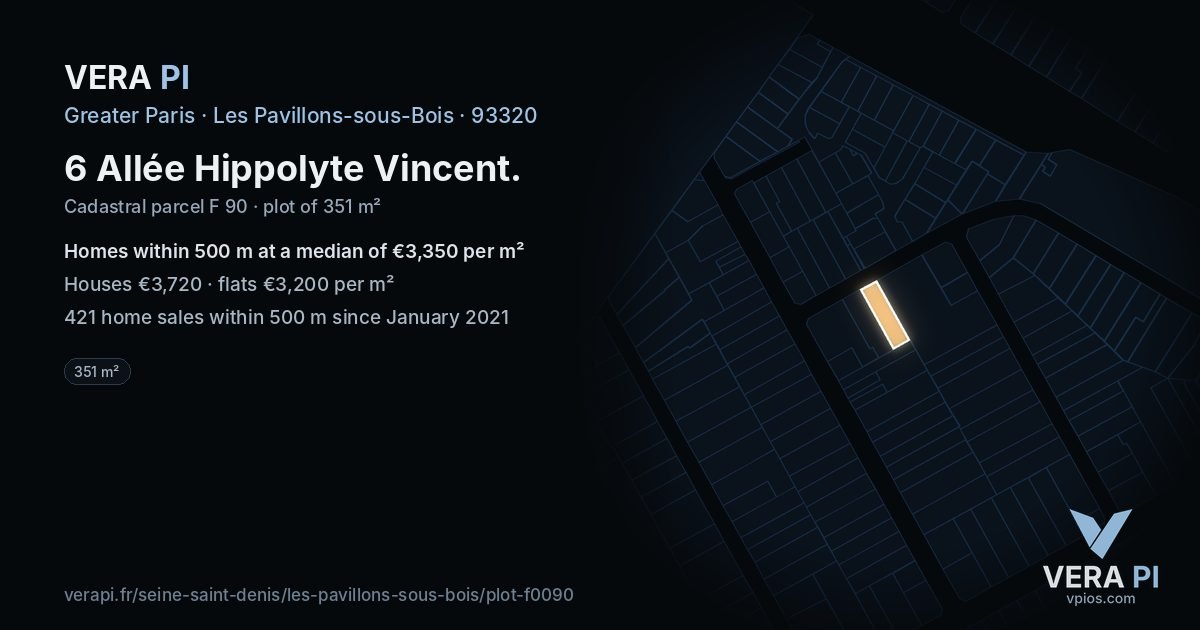 6 Allée Hippolyte Vincent, Les Pavillons-sous-Bois at night – the plot lit, the parcels around coloured by the prices near them
