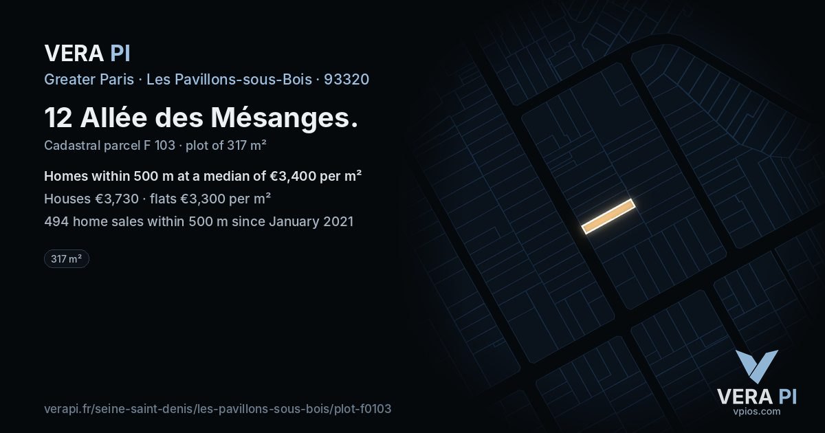 12 Allée des Mésanges, Les Pavillons-sous-Bois at night – the plot lit, the parcels around coloured by the prices near them