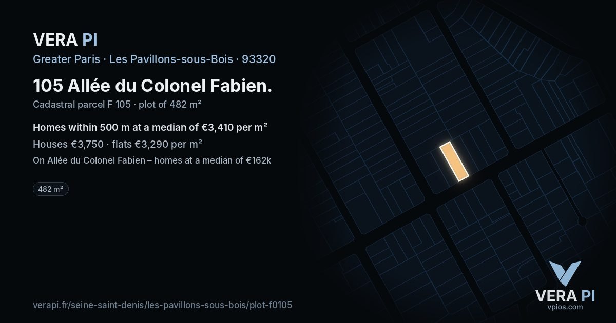105 Allée du Colonel Fabien, Les Pavillons-sous-Bois at night – the plot lit, the parcels around coloured by the prices near them