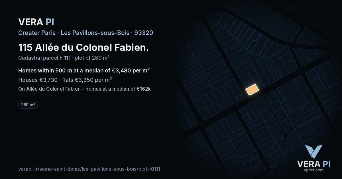 115 Allée du Colonel Fabien, Les Pavillons-sous-Bois at night – the plot lit, the parcels around coloured by the prices near them