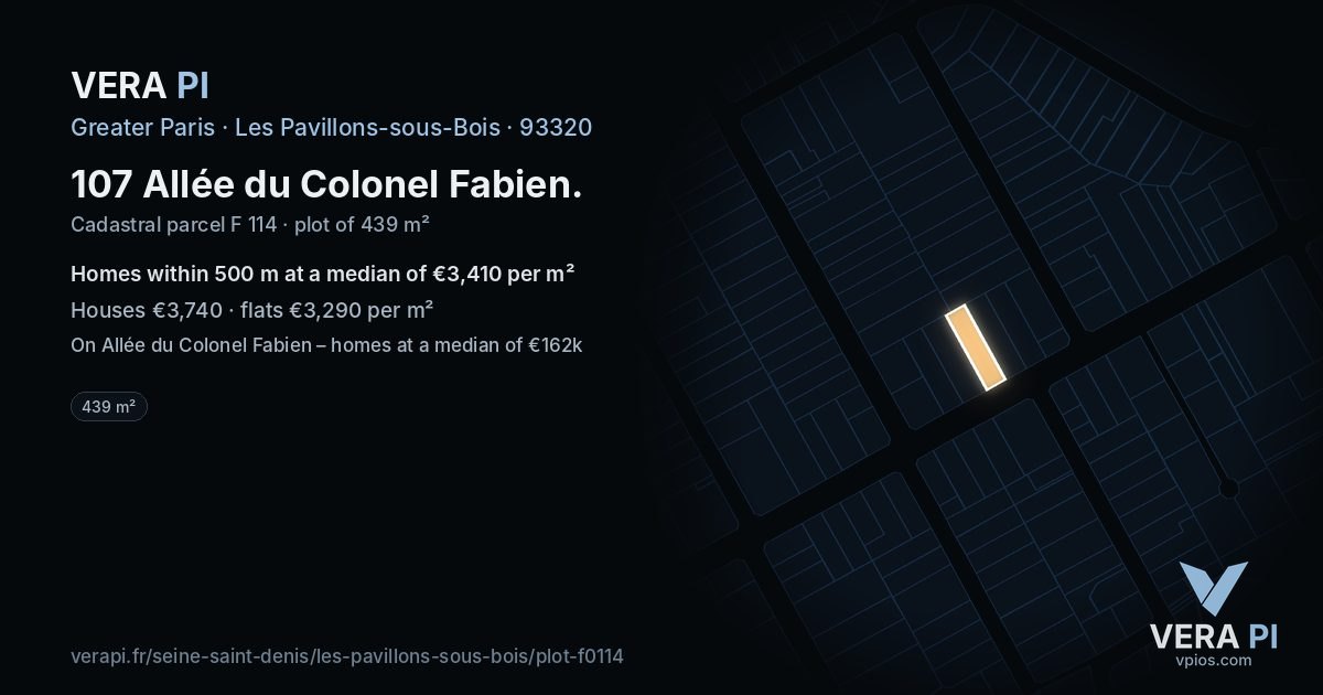107 Allée du Colonel Fabien, Les Pavillons-sous-Bois at night – the plot lit, the parcels around coloured by the prices near them