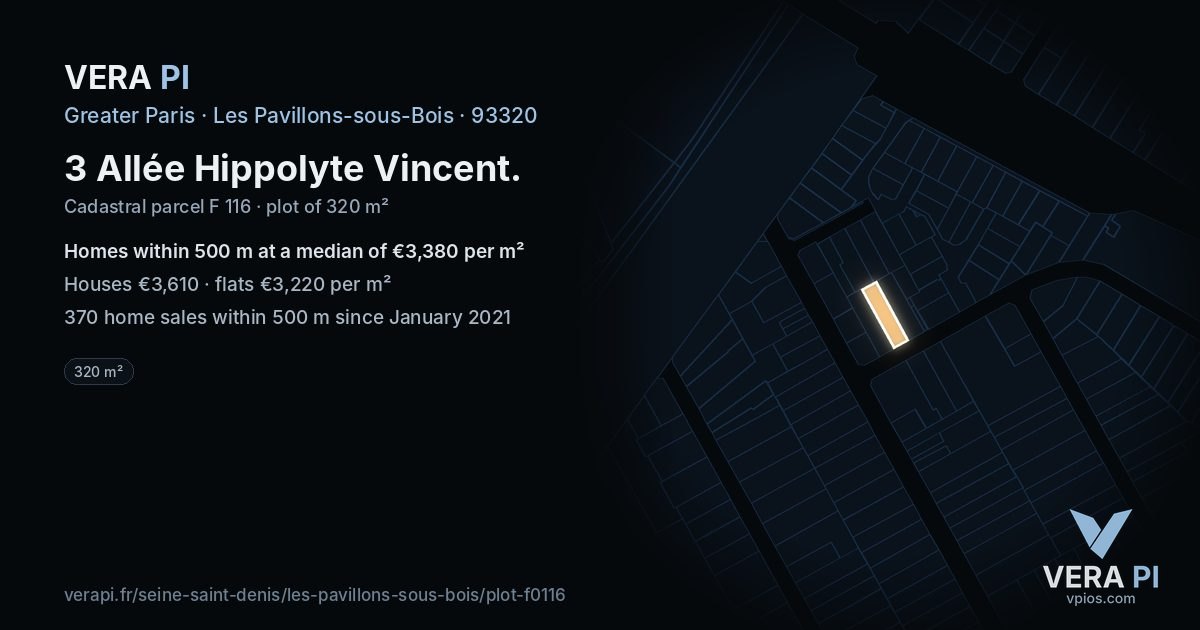 3 Allée Hippolyte Vincent, Les Pavillons-sous-Bois at night – the plot lit, the parcels around coloured by the prices near them