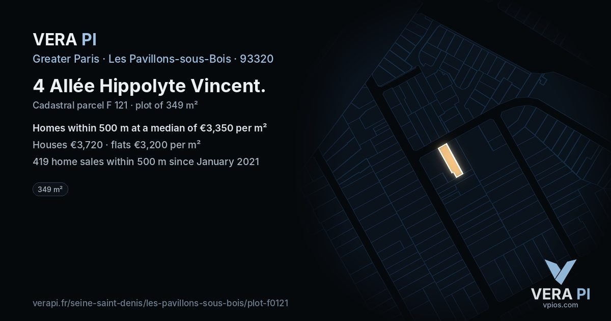 4 Allée Hippolyte Vincent, Les Pavillons-sous-Bois at night – the plot lit, the parcels around coloured by the prices near them