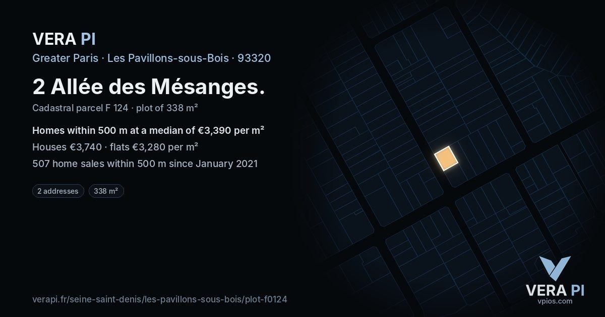 2 Allée des Mésanges, Les Pavillons-sous-Bois at night – the plot lit, the parcels around coloured by the prices near them