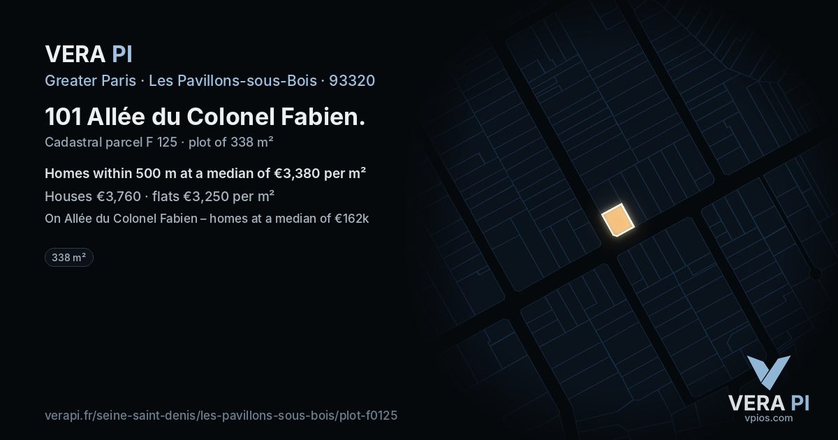 101 Allée du Colonel Fabien, Les Pavillons-sous-Bois at night – the plot lit, the parcels around coloured by the prices near them