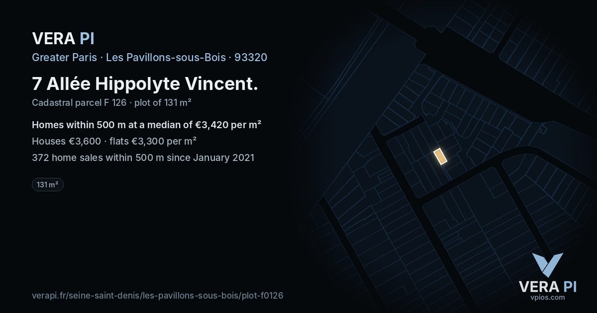 7 Allée Hippolyte Vincent, Les Pavillons-sous-Bois at night – the plot lit, the parcels around coloured by the prices near them