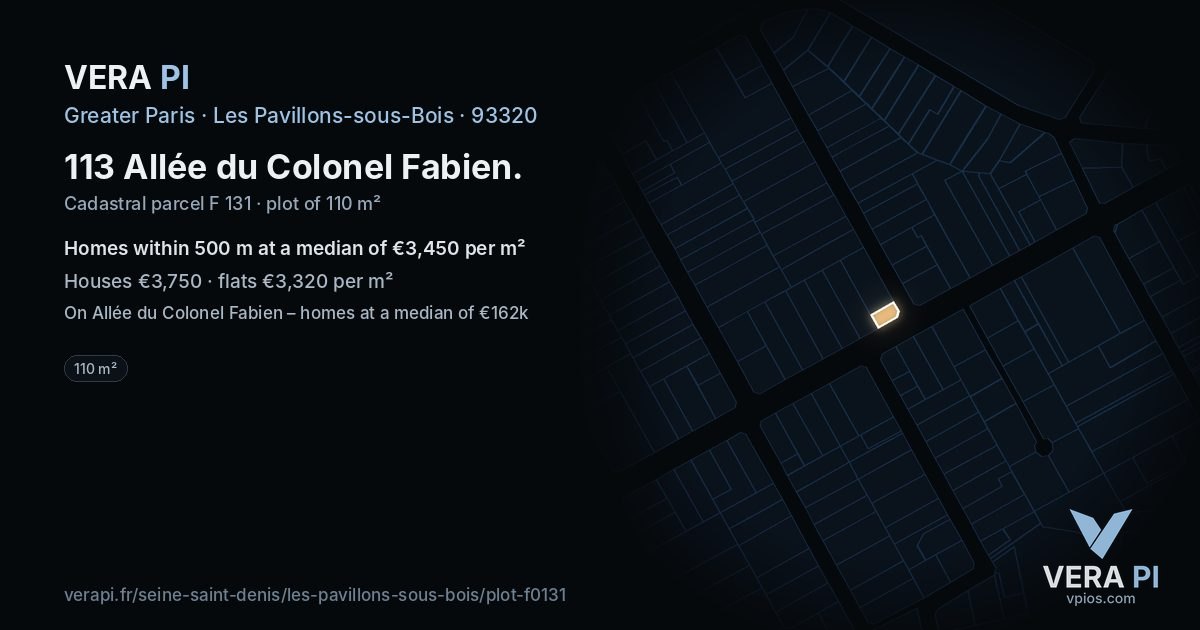 113 Allée du Colonel Fabien, Les Pavillons-sous-Bois at night – the plot lit, the parcels around coloured by the prices near them