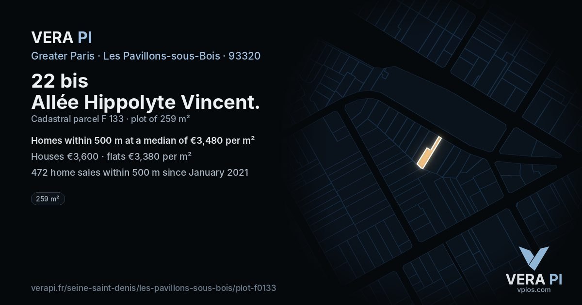 22 bis Allée Hippolyte Vincent, Les Pavillons-sous-Bois at night – the plot lit, the parcels around coloured by the prices near them