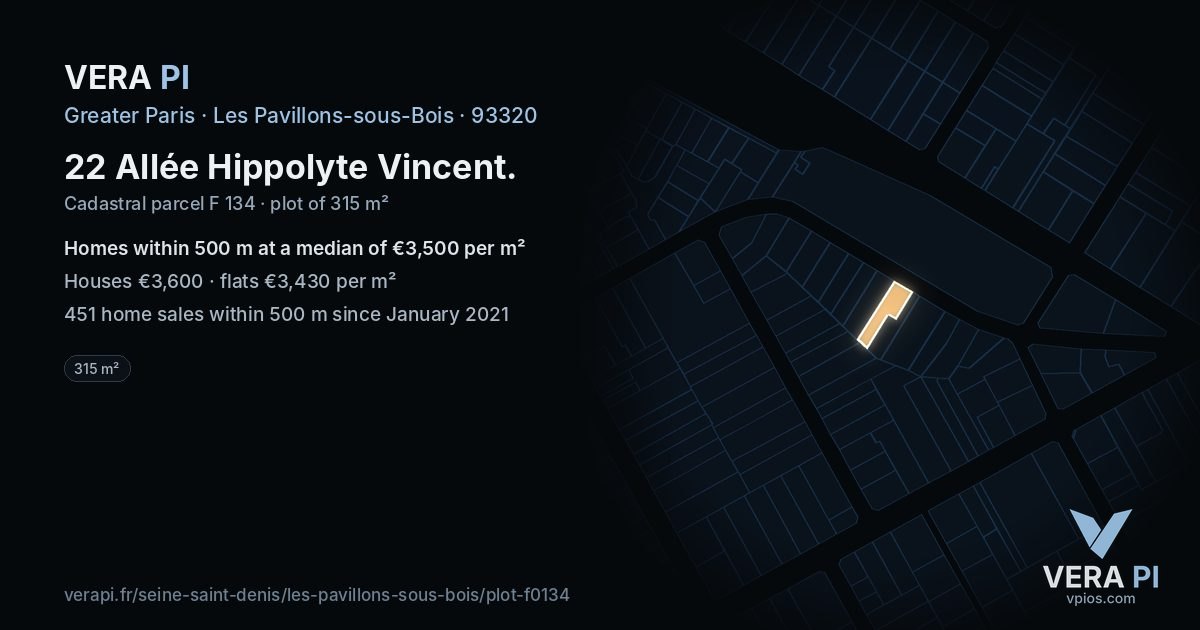 22 Allée Hippolyte Vincent, Les Pavillons-sous-Bois at night – the plot lit, the parcels around coloured by the prices near them