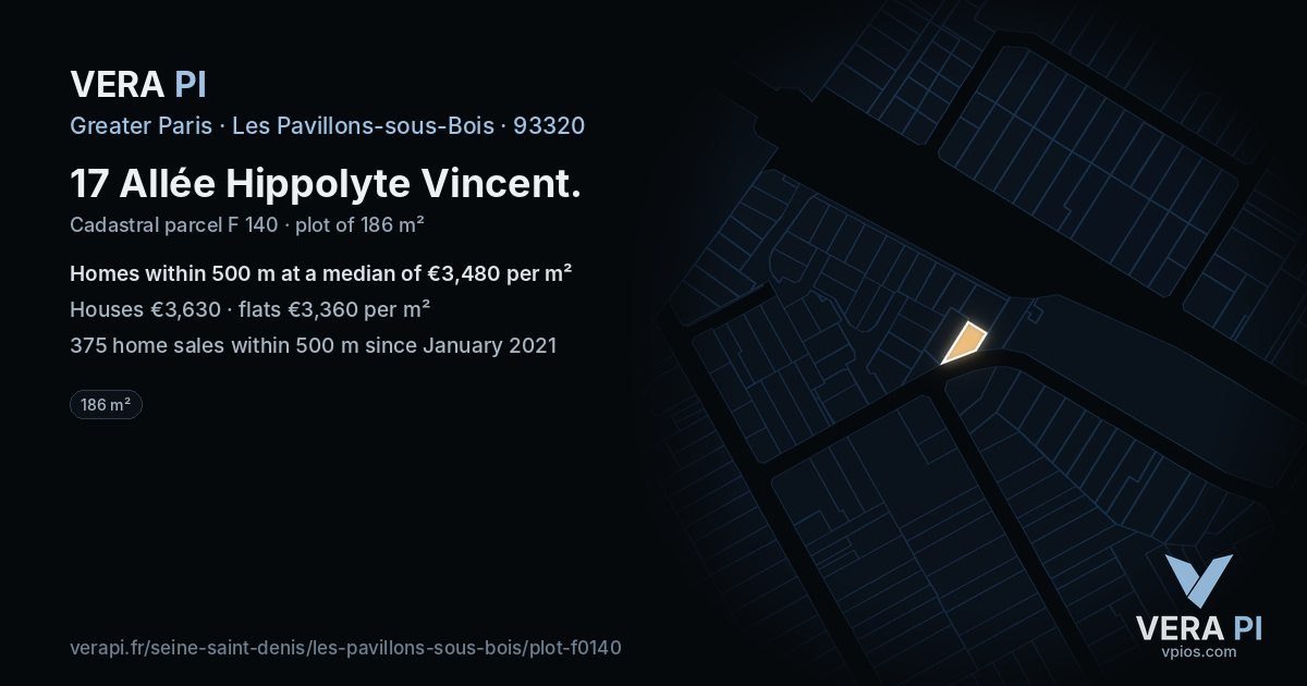 17 Allée Hippolyte Vincent, Les Pavillons-sous-Bois at night – the plot lit, the parcels around coloured by the prices near them