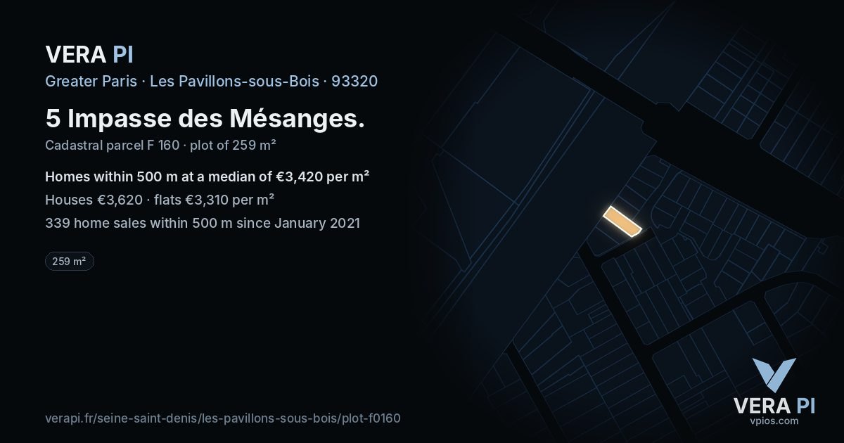 5 Impasse des Mésanges, Les Pavillons-sous-Bois at night – the plot lit, the parcels around coloured by the prices near them