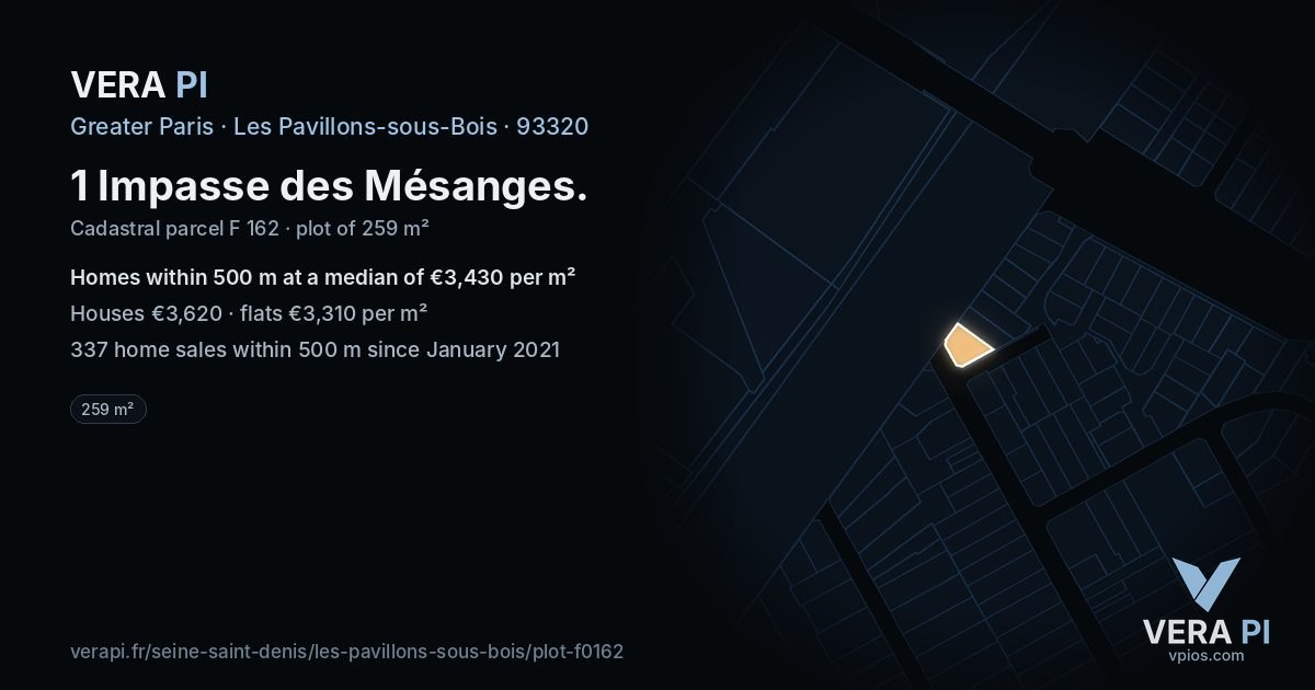 1 Impasse des Mésanges, Les Pavillons-sous-Bois at night – the plot lit, the parcels around coloured by the prices near them