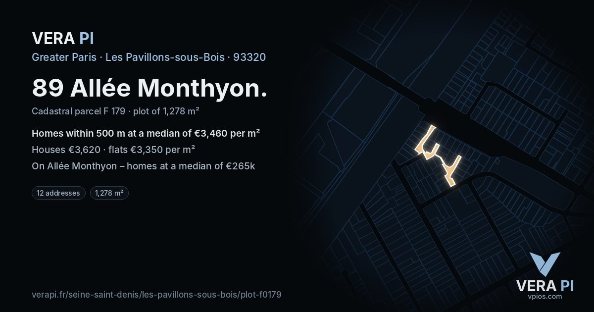 89 Allée Monthyon, Les Pavillons-sous-Bois at night – the plot lit, the parcels around coloured by the prices near them