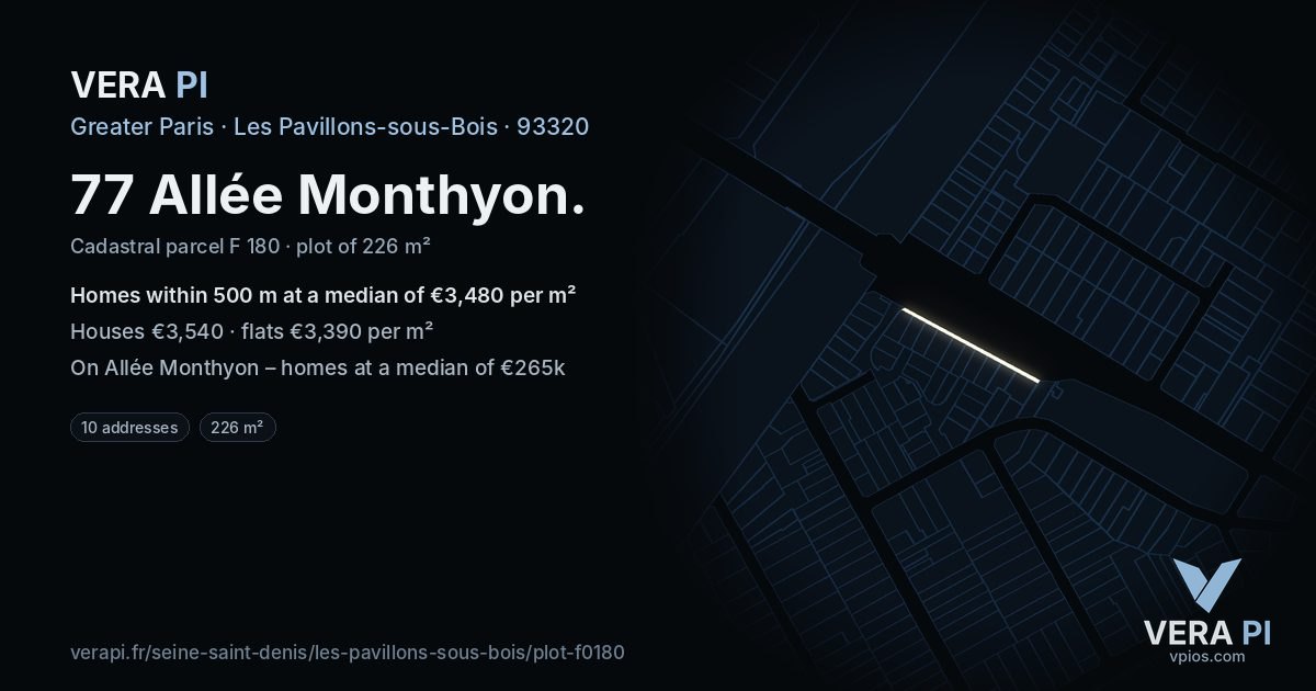 77 Allée Monthyon, Les Pavillons-sous-Bois at night – the plot lit, the parcels around coloured by the prices near them