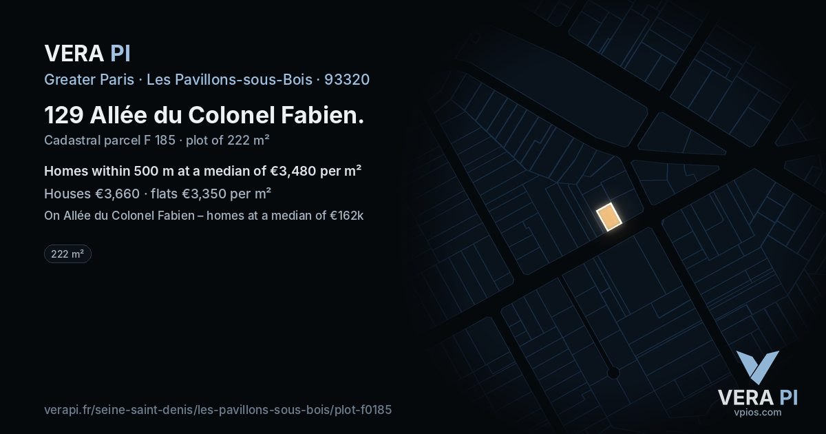 129 Allée du Colonel Fabien, Les Pavillons-sous-Bois at night – the plot lit, the parcels around coloured by the prices near them