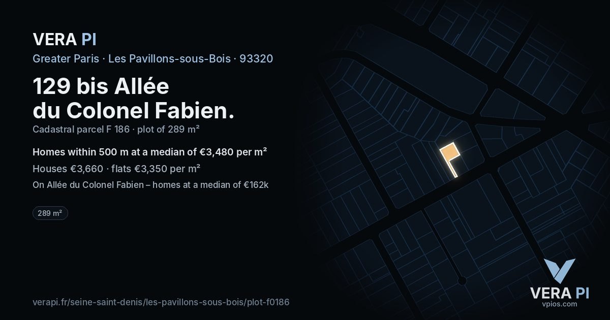 129 bis Allée du Colonel Fabien, Les Pavillons-sous-Bois at night – the plot lit, the parcels around coloured by the prices near them
