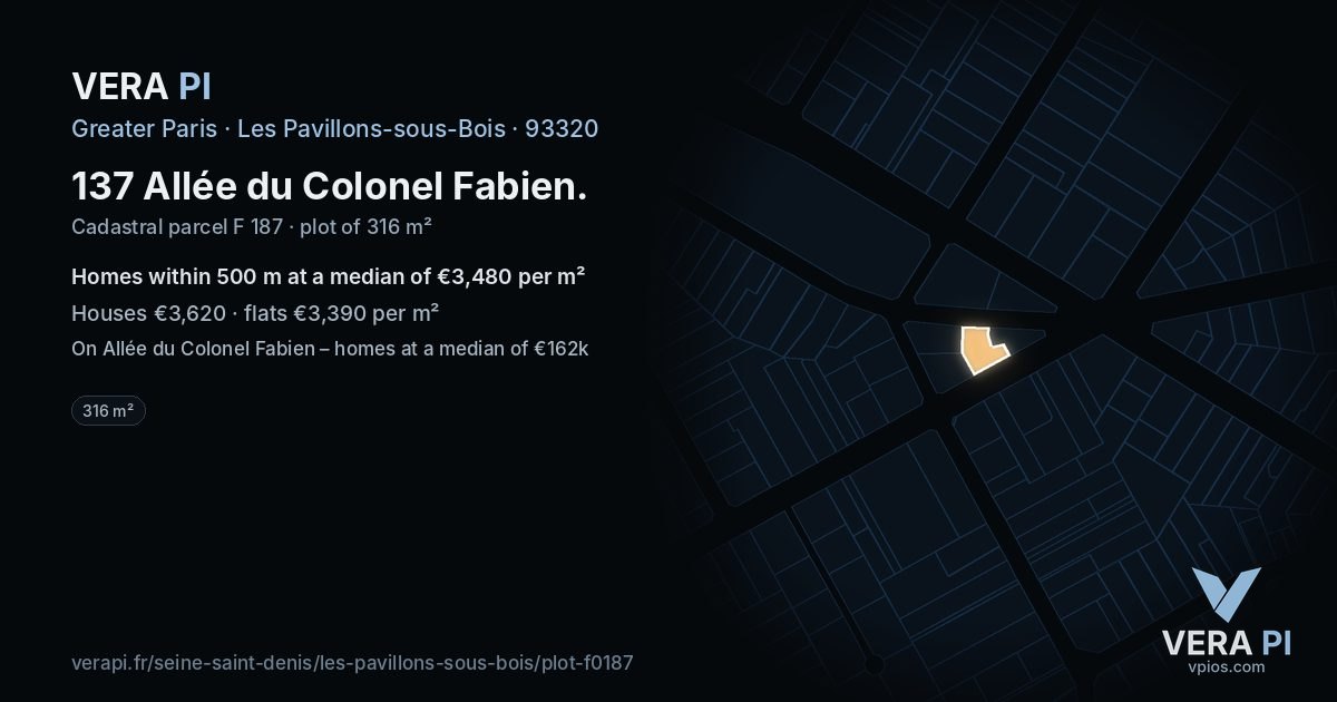 137 Allée du Colonel Fabien, Les Pavillons-sous-Bois at night – the plot lit, the parcels around coloured by the prices near them