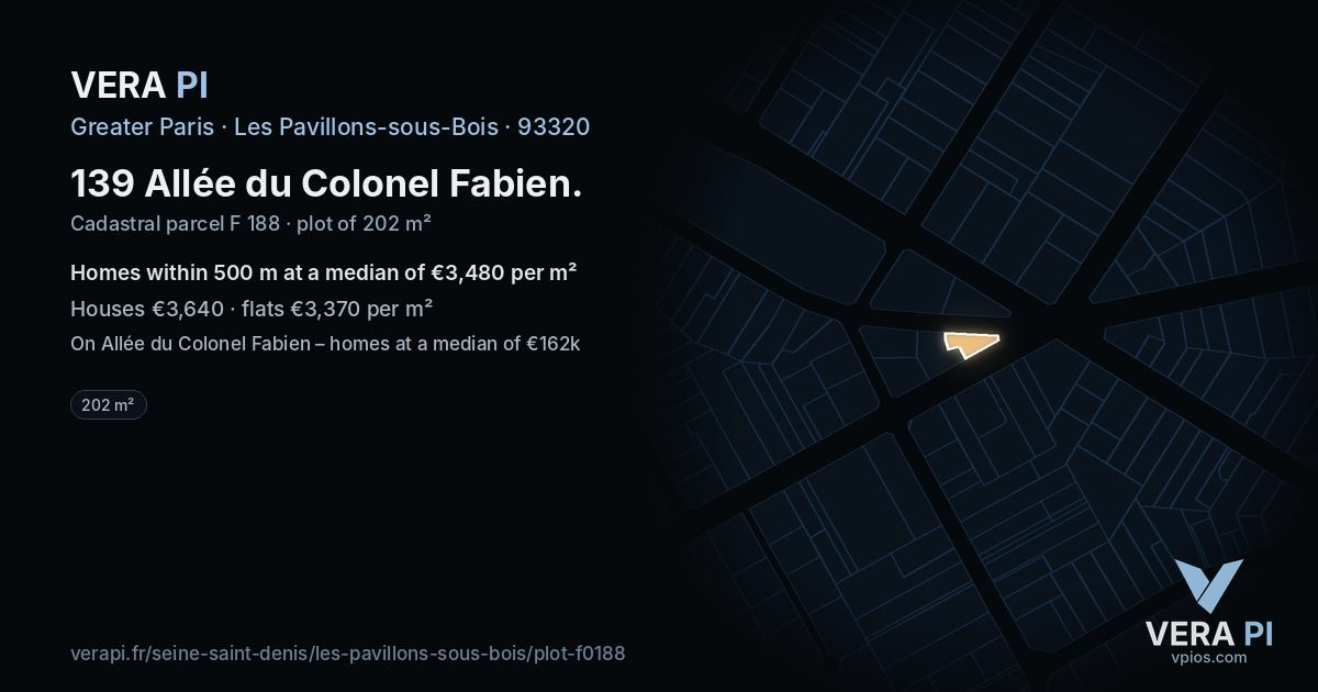 139 Allée du Colonel Fabien, Les Pavillons-sous-Bois at night – the plot lit, the parcels around coloured by the prices near them