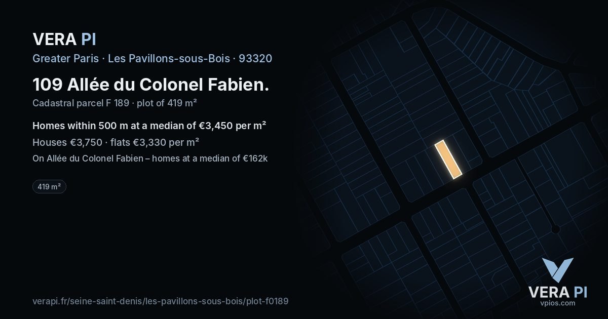 109 Allée du Colonel Fabien, Les Pavillons-sous-Bois at night – the plot lit, the parcels around coloured by the prices near them