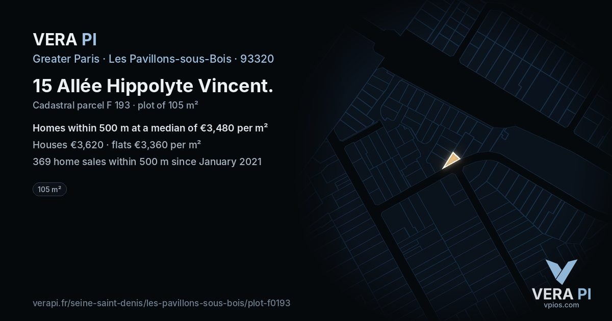 15 Allée Hippolyte Vincent, Les Pavillons-sous-Bois at night – the plot lit, the parcels around coloured by the prices near them