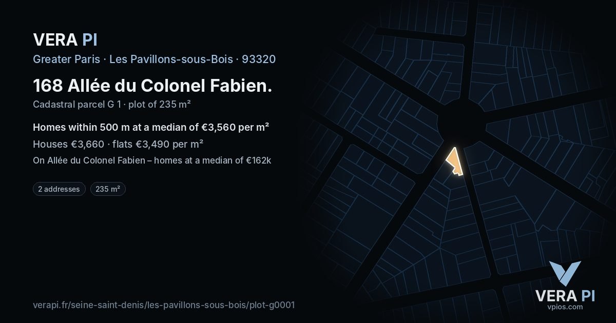 168 Allée du Colonel Fabien, Les Pavillons-sous-Bois at night – the plot lit, the parcels around coloured by the prices near them