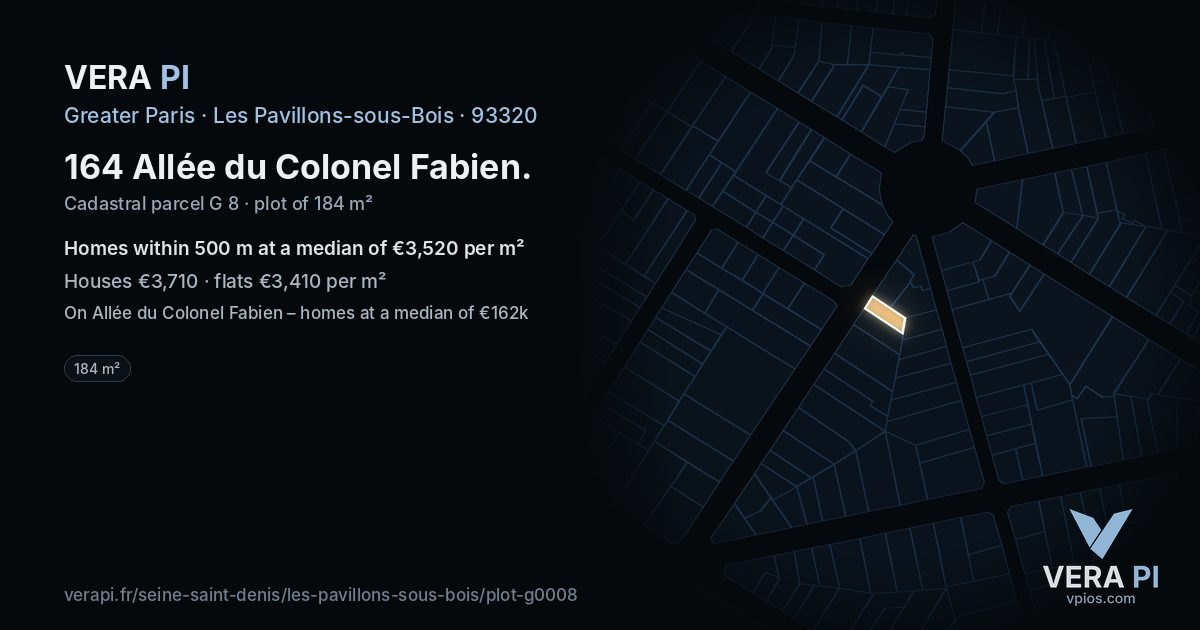 164 Allée du Colonel Fabien, Les Pavillons-sous-Bois at night – the plot lit, the parcels around coloured by the prices near them