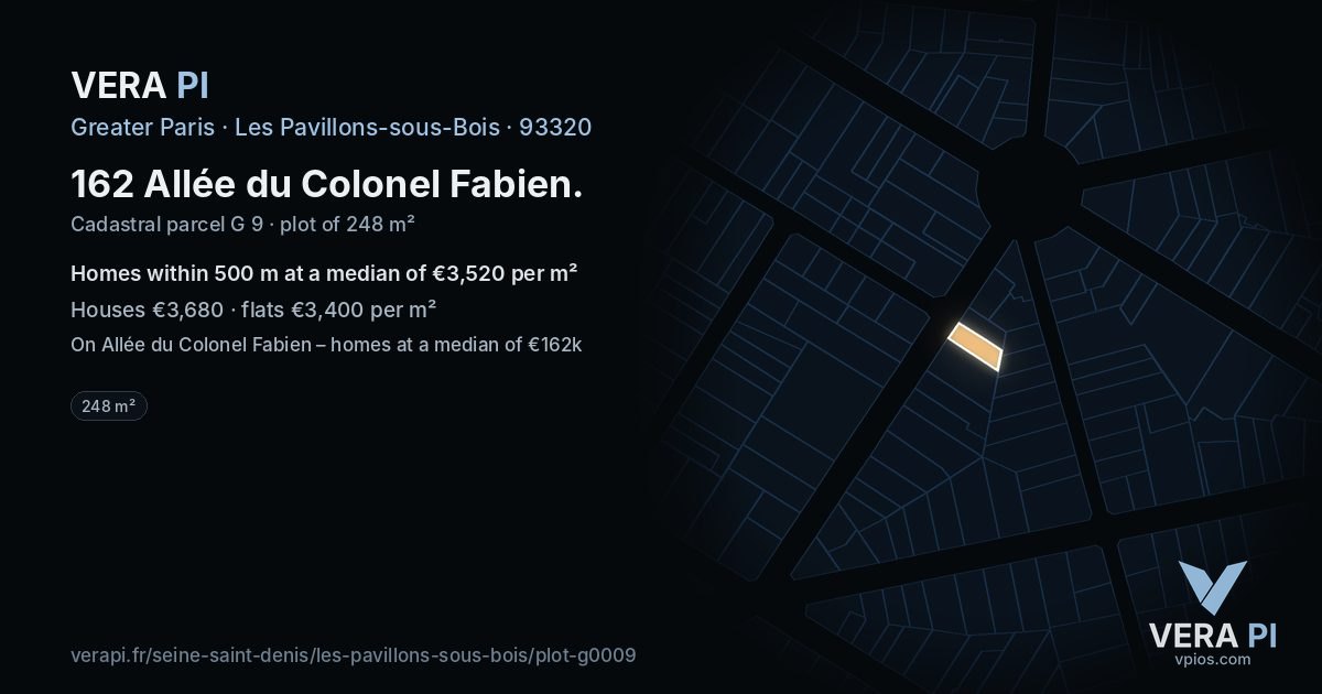 162 Allée du Colonel Fabien, Les Pavillons-sous-Bois at night – the plot lit, the parcels around coloured by the prices near them