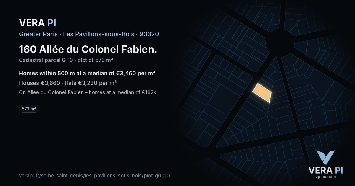 160 Allée du Colonel Fabien, Les Pavillons-sous-Bois at night – the plot lit, the parcels around coloured by the prices near them