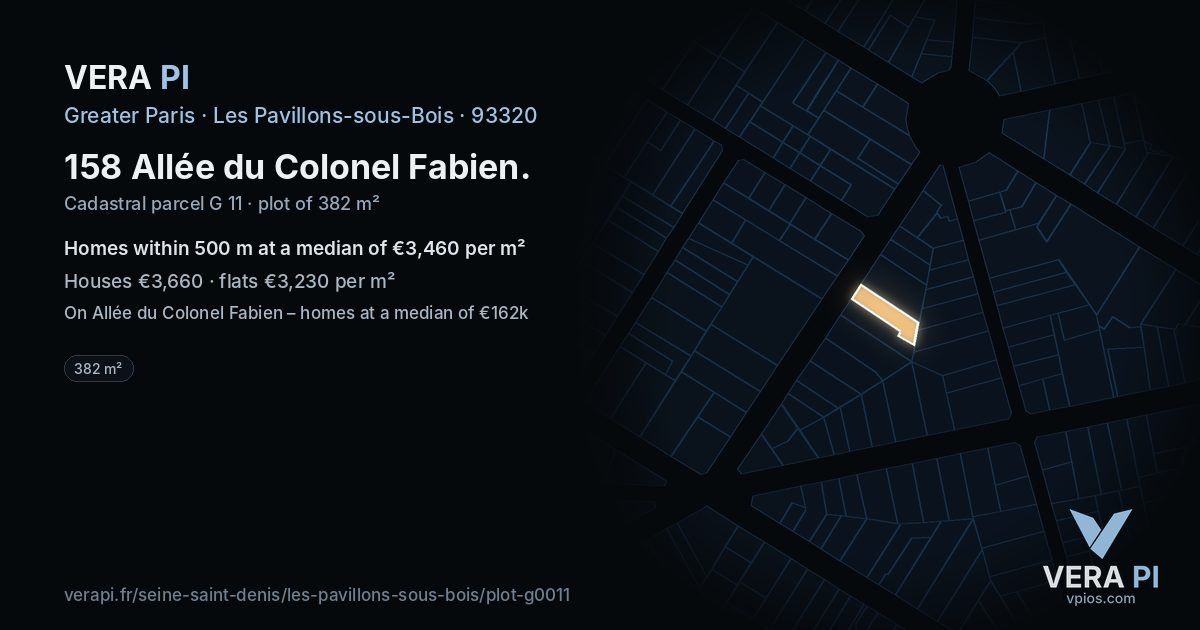 158 Allée du Colonel Fabien, Les Pavillons-sous-Bois at night – the plot lit, the parcels around coloured by the prices near them