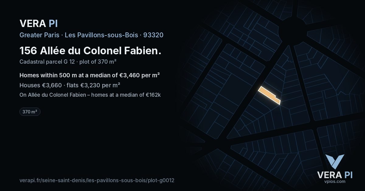 156 Allée du Colonel Fabien, Les Pavillons-sous-Bois at night – the plot lit, the parcels around coloured by the prices near them