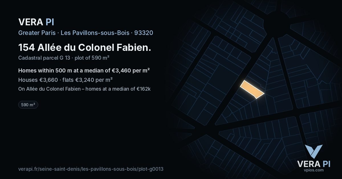 154 Allée du Colonel Fabien, Les Pavillons-sous-Bois at night – the plot lit, the parcels around coloured by the prices near them