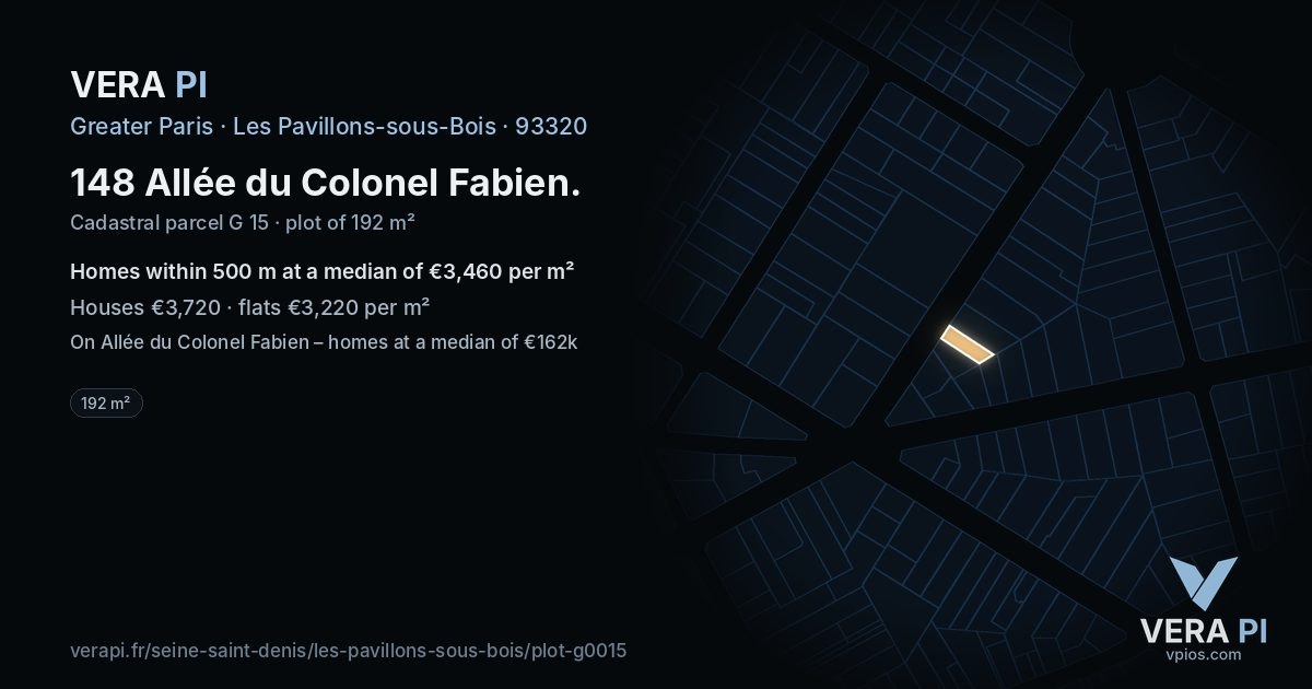 148 Allée du Colonel Fabien, Les Pavillons-sous-Bois at night – the plot lit, the parcels around coloured by the prices near them