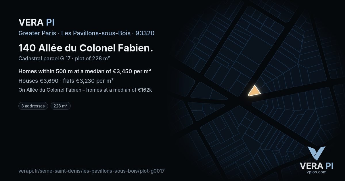 140 Allée du Colonel Fabien, Les Pavillons-sous-Bois at night – the plot lit, the parcels around coloured by the prices near them