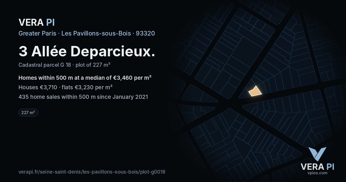 3 Allée Deparcieux, Les Pavillons-sous-Bois at night – the plot lit, the parcels around coloured by the prices near them