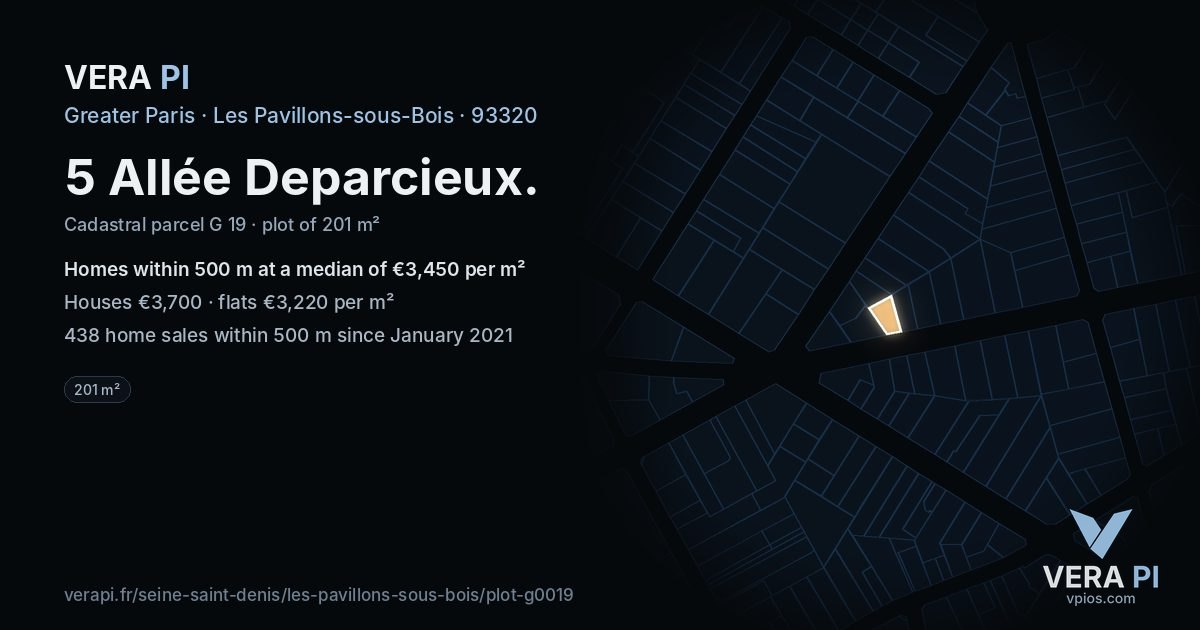 5 Allée Deparcieux, Les Pavillons-sous-Bois at night – the plot lit, the parcels around coloured by the prices near them