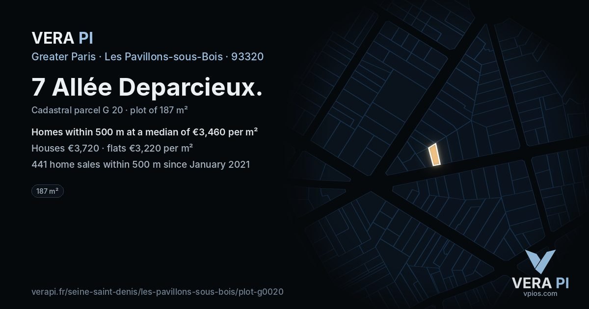 7 Allée Deparcieux, Les Pavillons-sous-Bois at night – the plot lit, the parcels around coloured by the prices near them