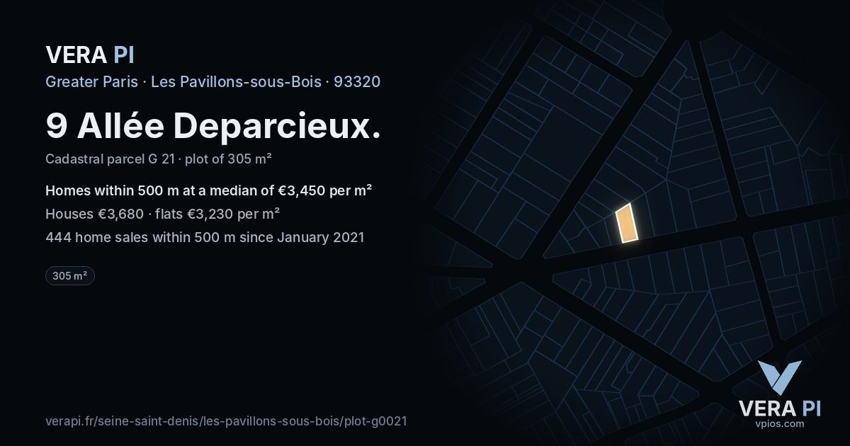 9 Allée Deparcieux, Les Pavillons-sous-Bois at night – the plot lit, the parcels around coloured by the prices near them