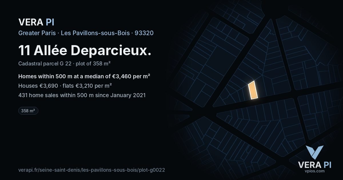 11 Allée Deparcieux, Les Pavillons-sous-Bois at night – the plot lit, the parcels around coloured by the prices near them