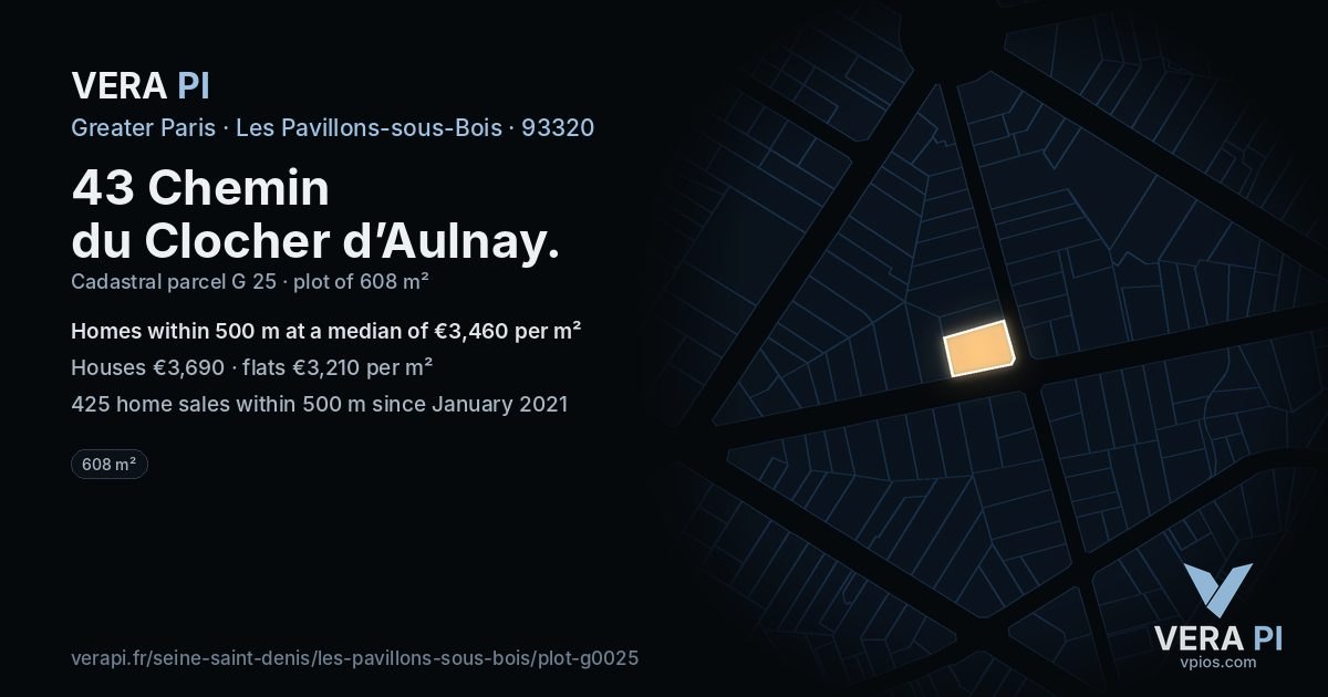 43 Chemin du Clocher d’Aulnay, Les Pavillons-sous-Bois at night – the plot lit, the parcels around coloured by the prices near them