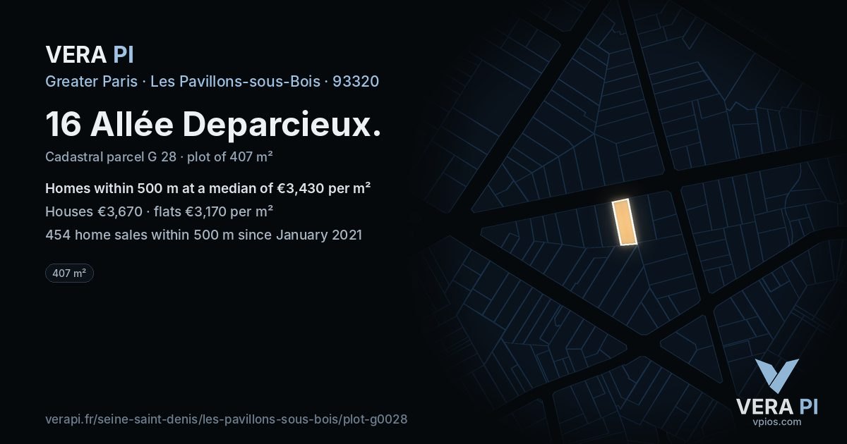 16 Allée Deparcieux, Les Pavillons-sous-Bois at night – the plot lit, the parcels around coloured by the prices near them