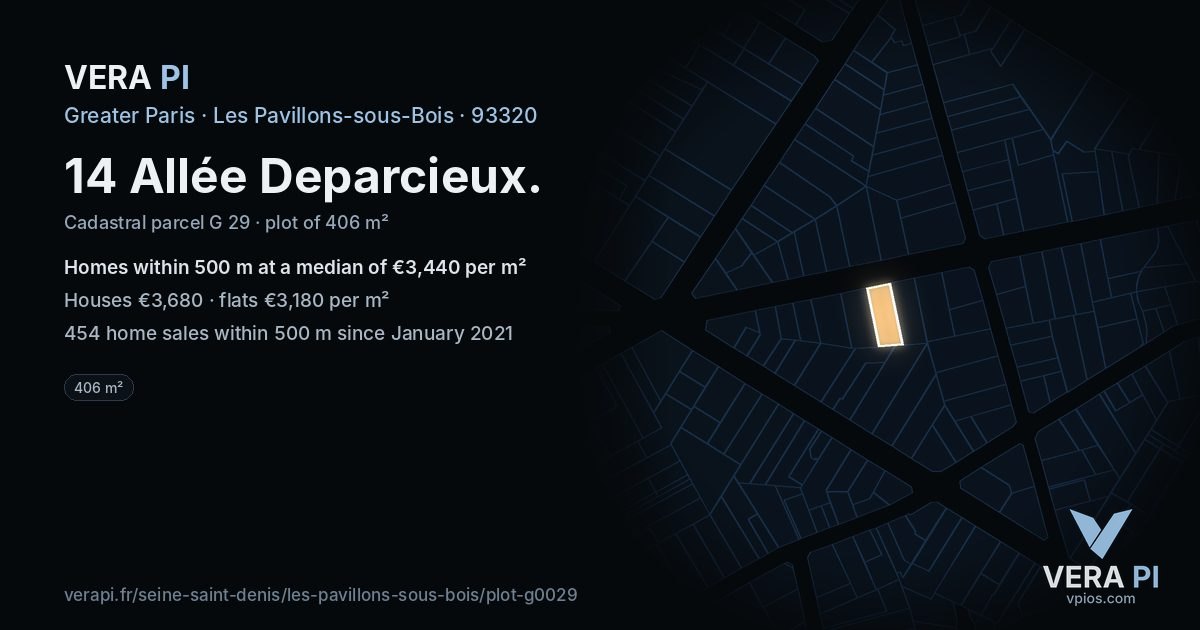 14 Allée Deparcieux, Les Pavillons-sous-Bois at night – the plot lit, the parcels around coloured by the prices near them