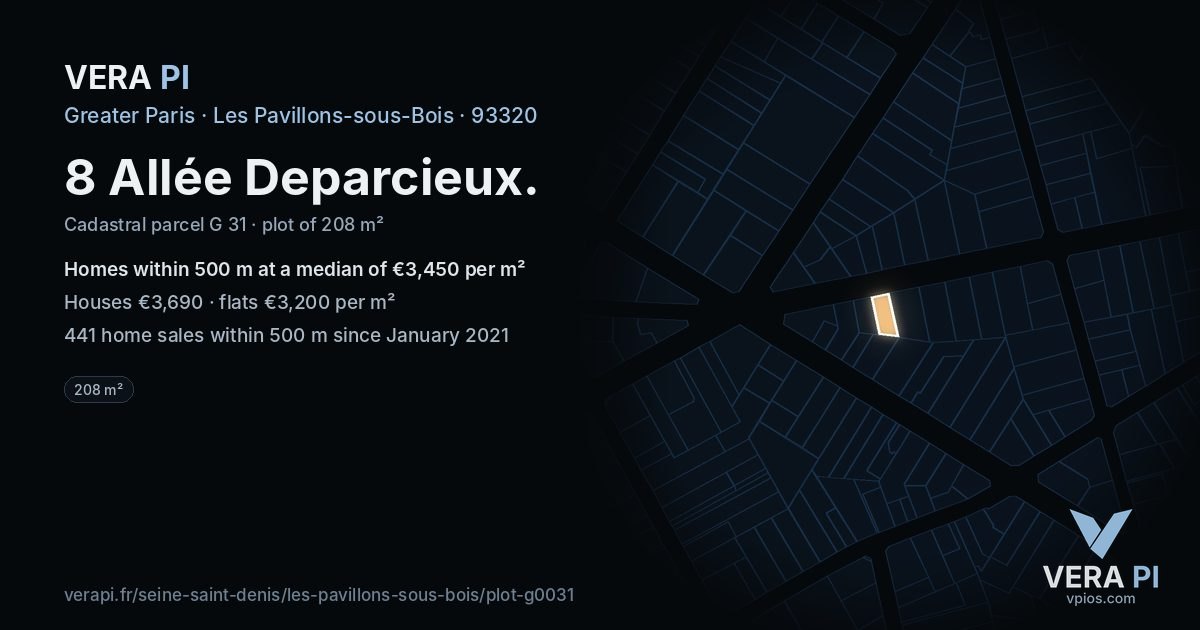 8 Allée Deparcieux, Les Pavillons-sous-Bois at night – the plot lit, the parcels around coloured by the prices near them