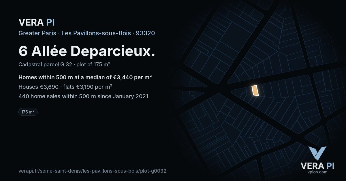 6 Allée Deparcieux, Les Pavillons-sous-Bois at night – the plot lit, the parcels around coloured by the prices near them