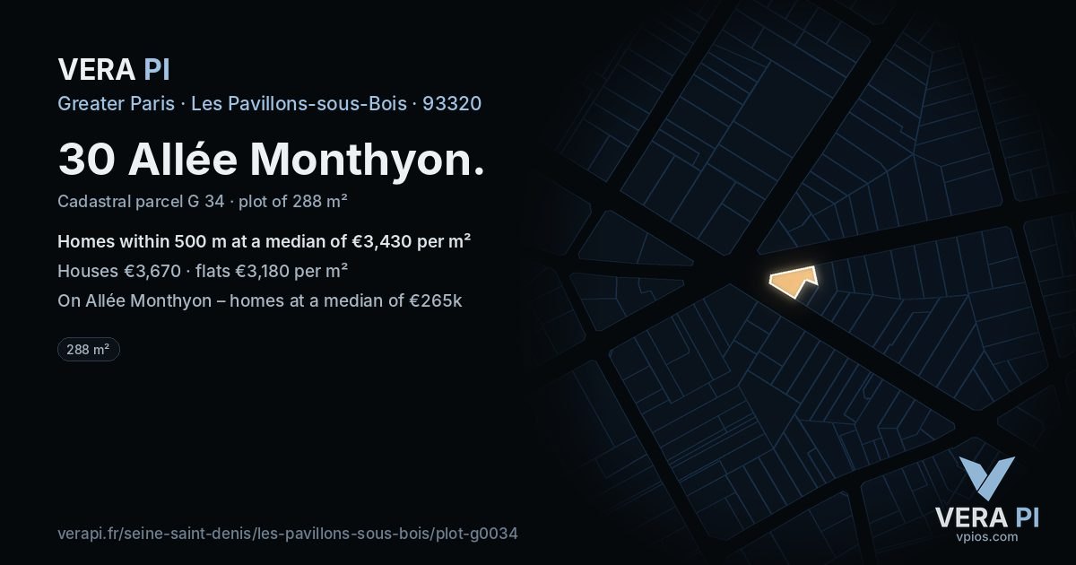 30 Allée Monthyon, Les Pavillons-sous-Bois at night – the plot lit, the parcels around coloured by the prices near them
