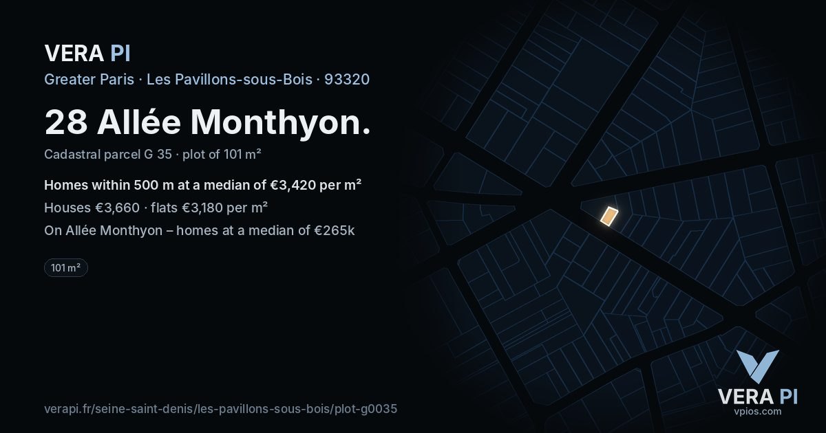 28 Allée Monthyon, Les Pavillons-sous-Bois at night – the plot lit, the parcels around coloured by the prices near them