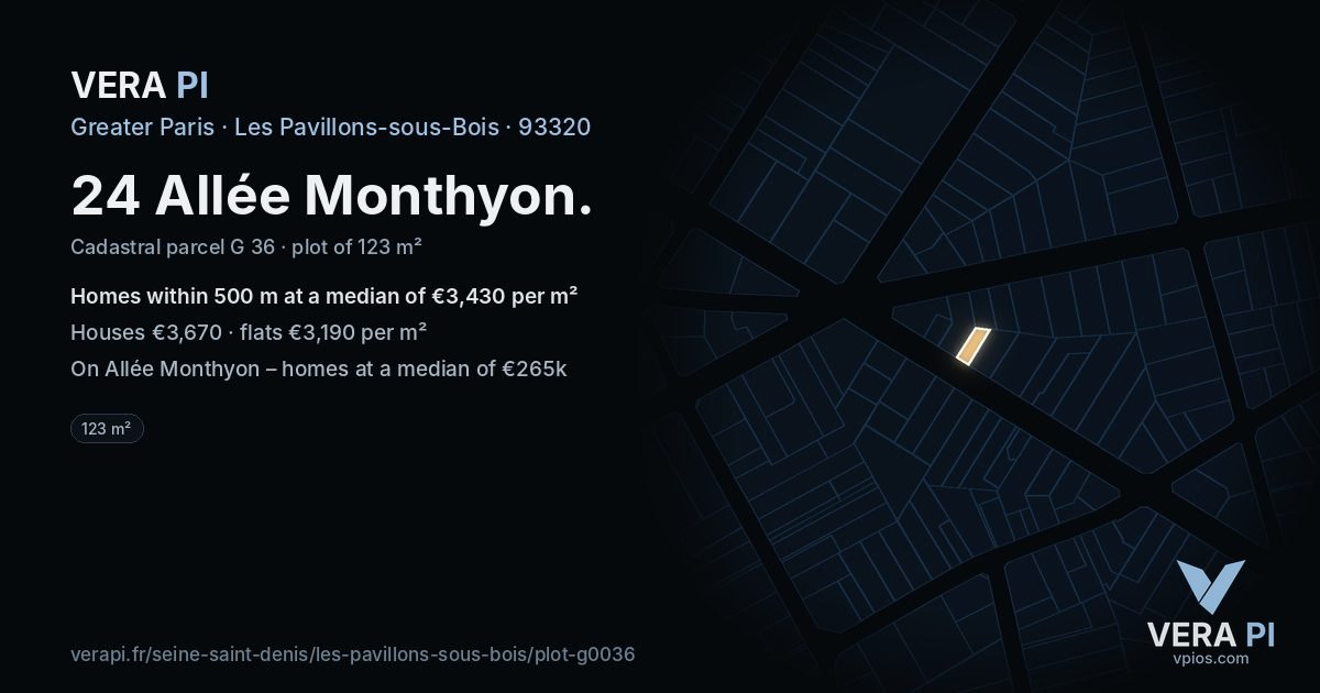 24 Allée Monthyon, Les Pavillons-sous-Bois at night – the plot lit, the parcels around coloured by the prices near them