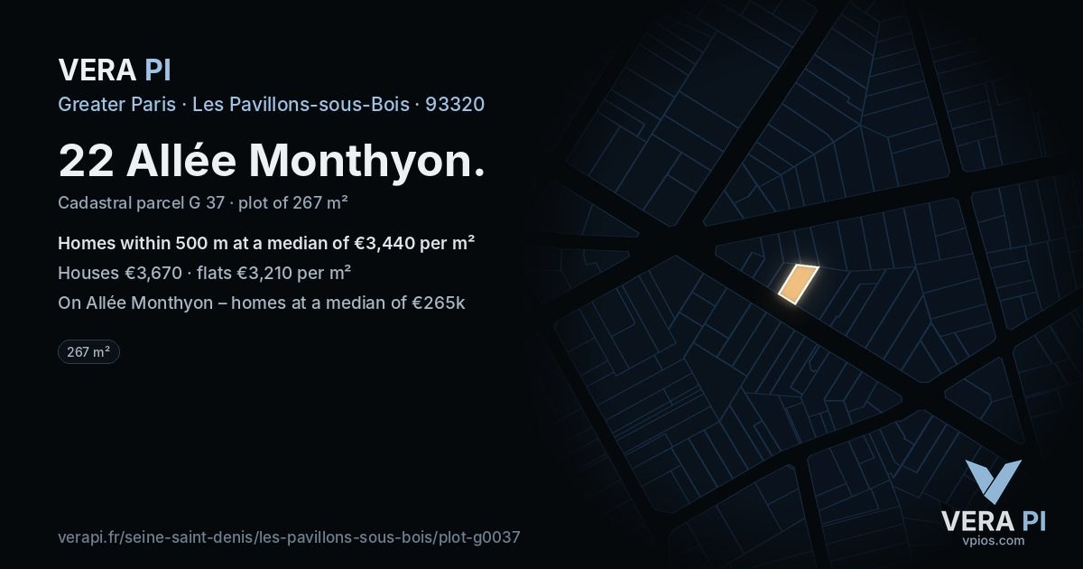 22 Allée Monthyon, Les Pavillons-sous-Bois at night – the plot lit, the parcels around coloured by the prices near them